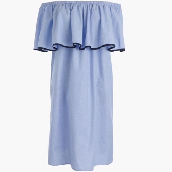 J. CREW Tipped Off The Shoulder Ruffle Blue Cotton Mini Dress XS - Picture 2 of 9